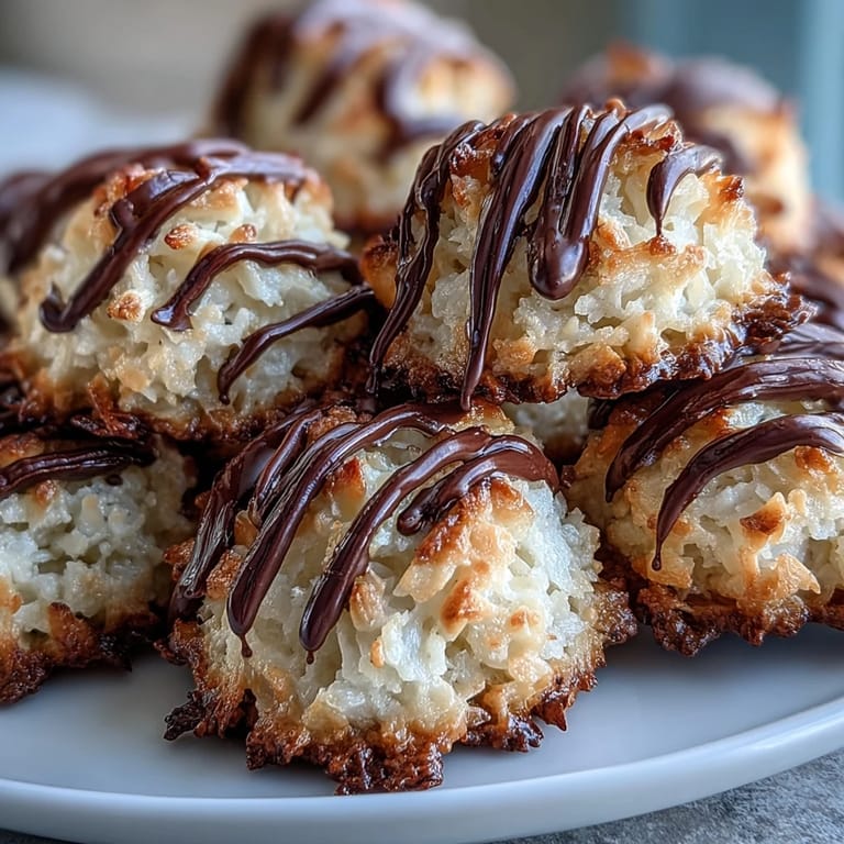 Serve these Vegan Coconut Macaroons with Dark Chocolate Drizzle on a dessert platter with fresh strawberries and a glass of oat milk.