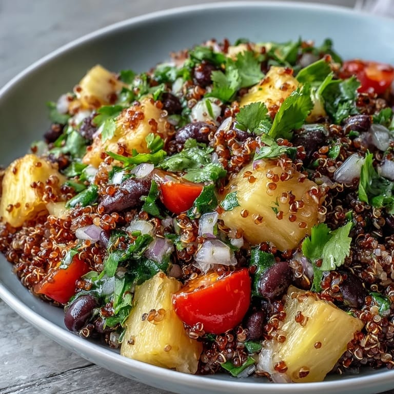 Brightly colored Tropical Quinoa Salad with pineapple chunks and black beans served in a white bowl, garnished with fresh cilantro and lime.