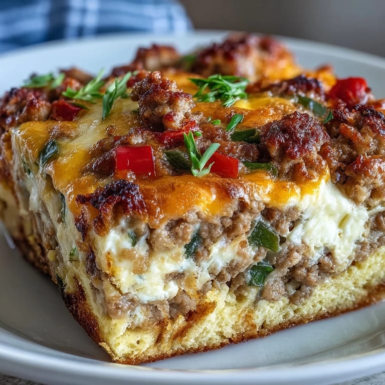 A slice of Keto Sausage and Egg Breakfast Bake reveals fluffy eggs and sausage.