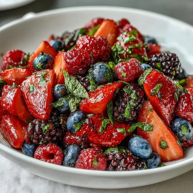 Vibrant Fresh Summer Berry Salad with Mint and Honey, mixed berries glistening with honey-lemon dressing in a rustic ceramic bowl.