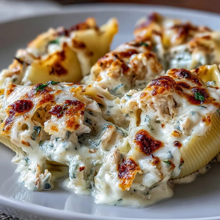 Ladle of rich Parmesan cream sauce poured over stuffed pasta shells with fresh herbs garnish.