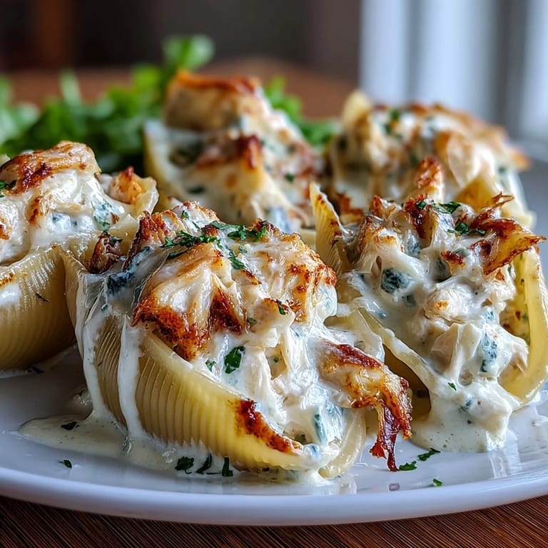 Golden baked jumbo pasta shells filled with creamy seafood mixture, perfect for a cozy Italian-American dinner.