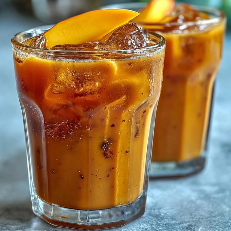 Vibrant pitcher of homemade Mango Iced Tea with black tea and ripe mango puree.
