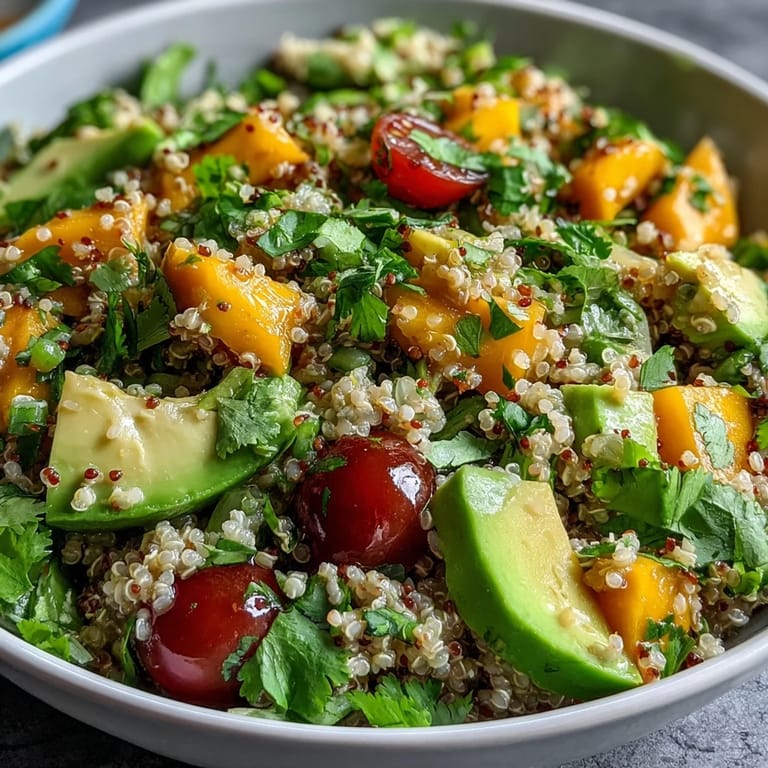 Bright and healthy quinoa salad featuring ripe mango, creamy avocado, and a tangy lime dressing, perfect for a light lunch or side dish.