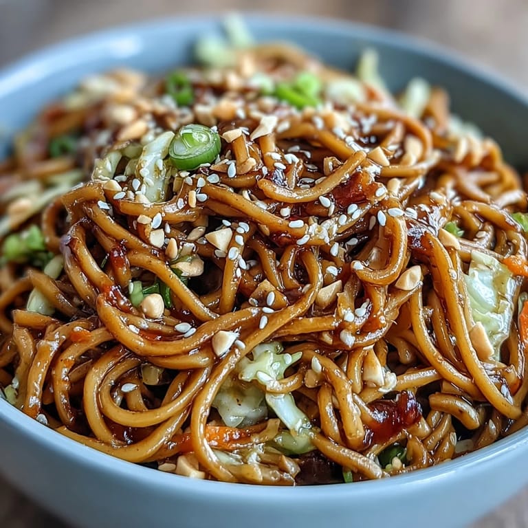 Colorful soba noodle salad tossed in spicy peanut dressing with crisp red and green cabbage slaw.  
