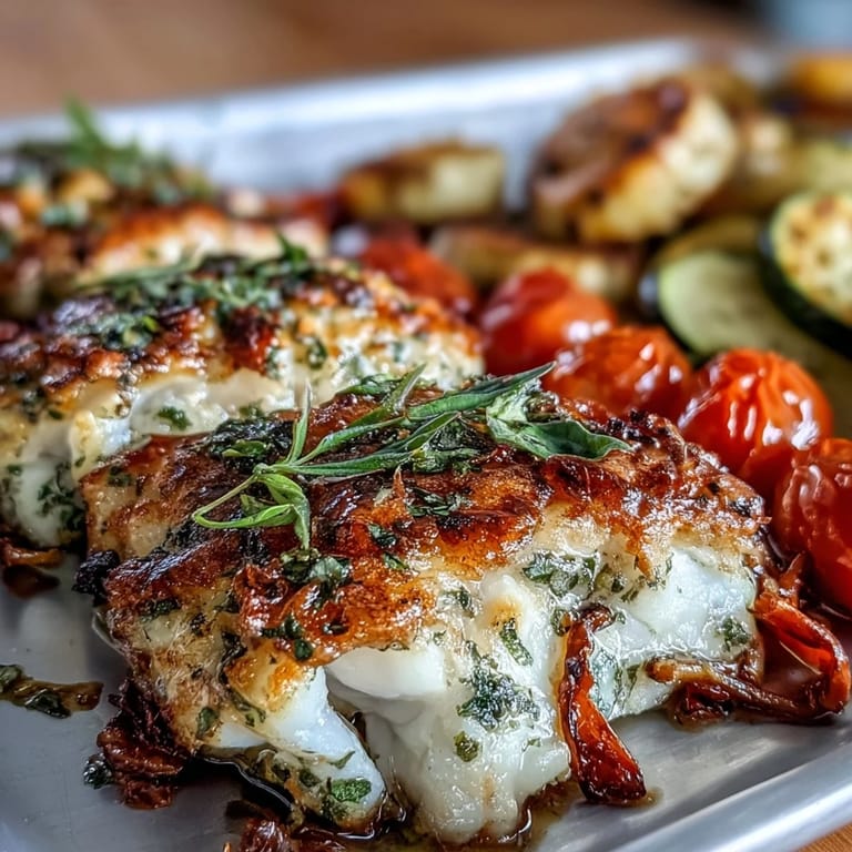 Healthy sheet pan dinner of tender tilapia fillets with fresh zucchini and cherry tomatoes, seasoned with garlic and herbs.  