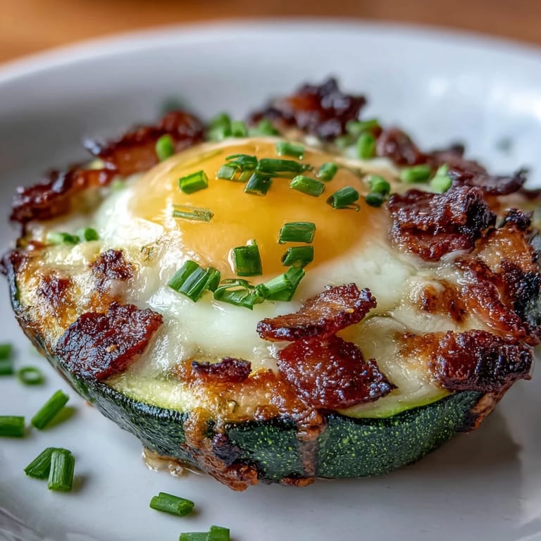 Savory zucchini and bacon nests cradling perfectly baked eggs, garnished with fresh herbs for a flavorful keto-friendly dish.
