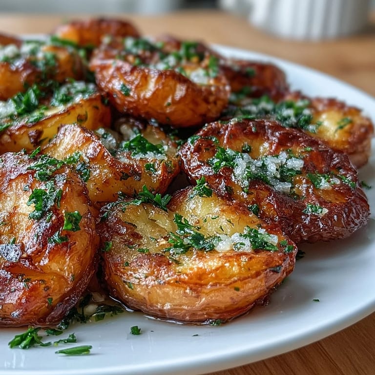 Fluffy smashed potatoes with crispy edges, seasoned with fleur de sel and fresh parsley, served hot from the oven.  