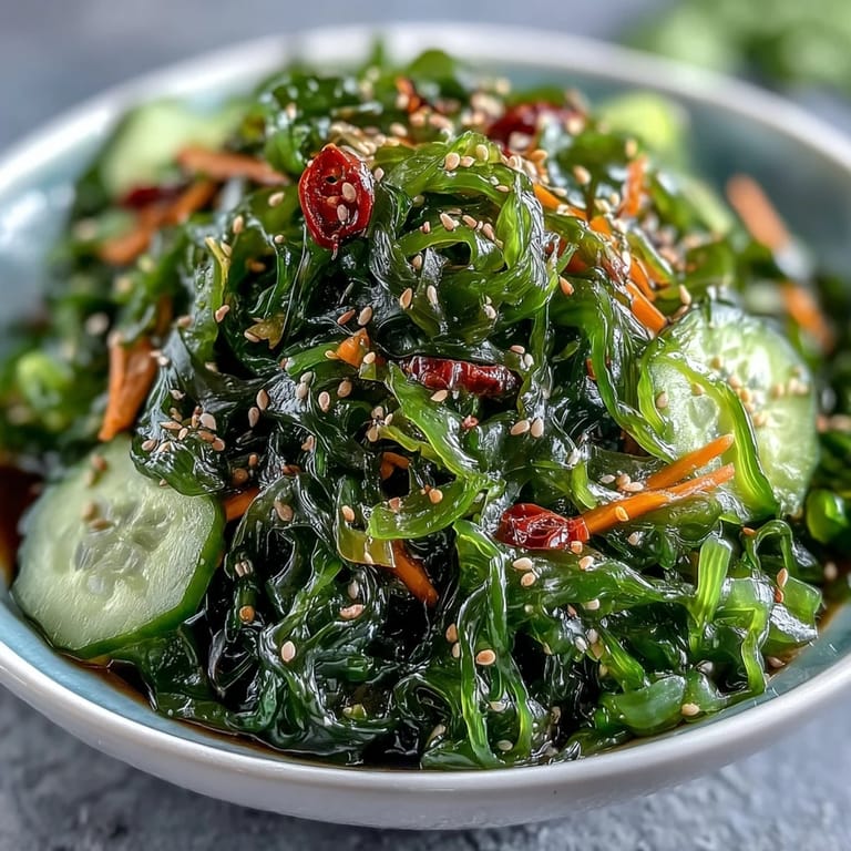 Refreshing Japanese seaweed salad with ponzu, crisp cucumber, and carrot, tossed with ginger and toasted sesame for a tangy, umami-rich flavor.  