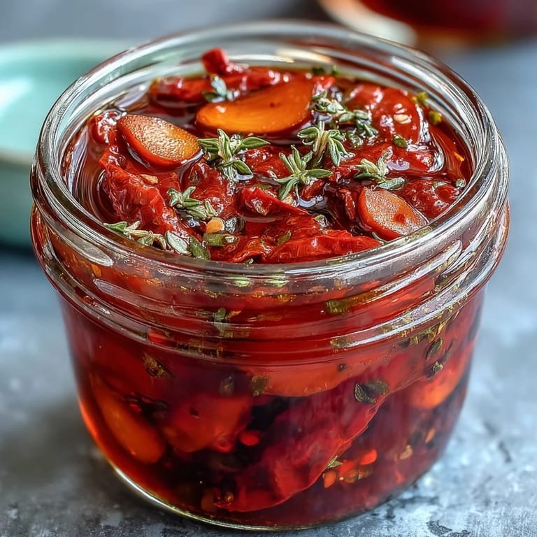 Vibrant spicy Calabrian chili oil packed with crushed chilies and thyme, a bold condiment for bread dipping or roasting.
