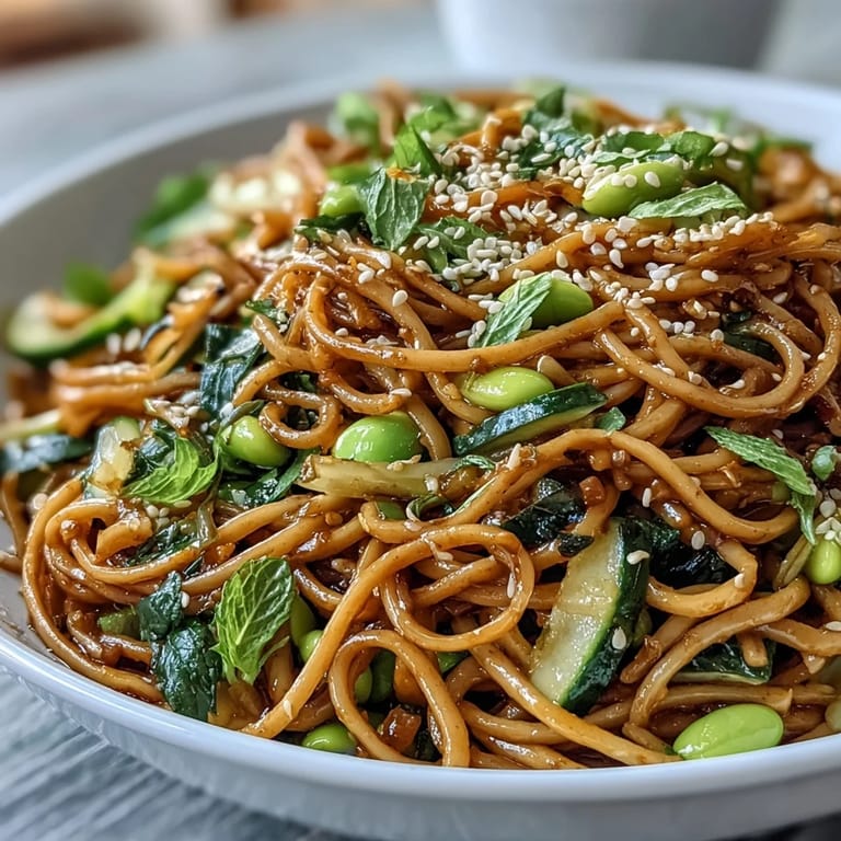 Refreshing sesame ginger noodle bowl featuring chilled soba noodles, fresh veggies, and a creamy, zesty ginger dressing for a light meal.
