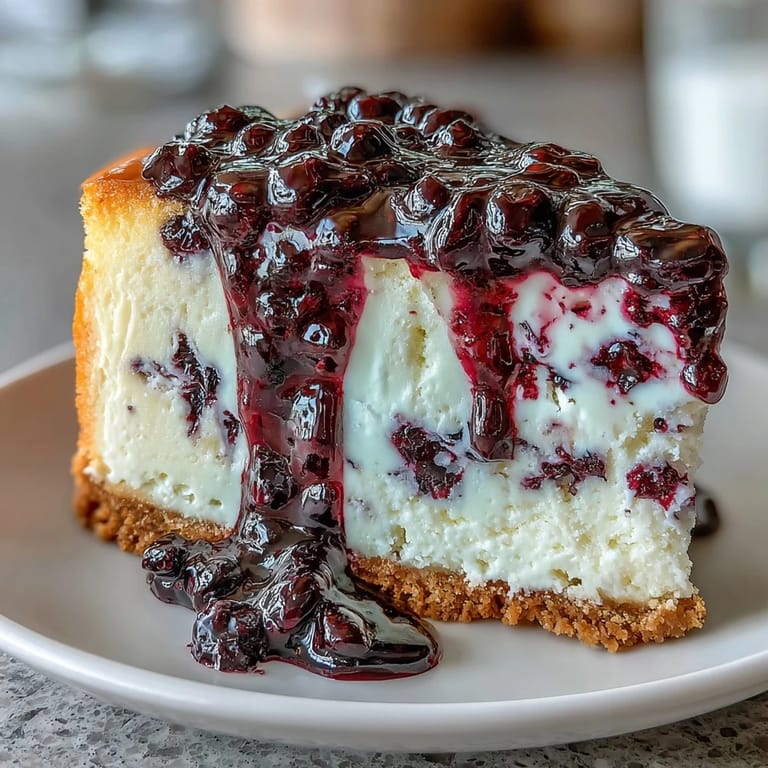 Elegant dessert featuring tangy black currant compote marbled through creamy cheesecake in a golden graham cracker base.  