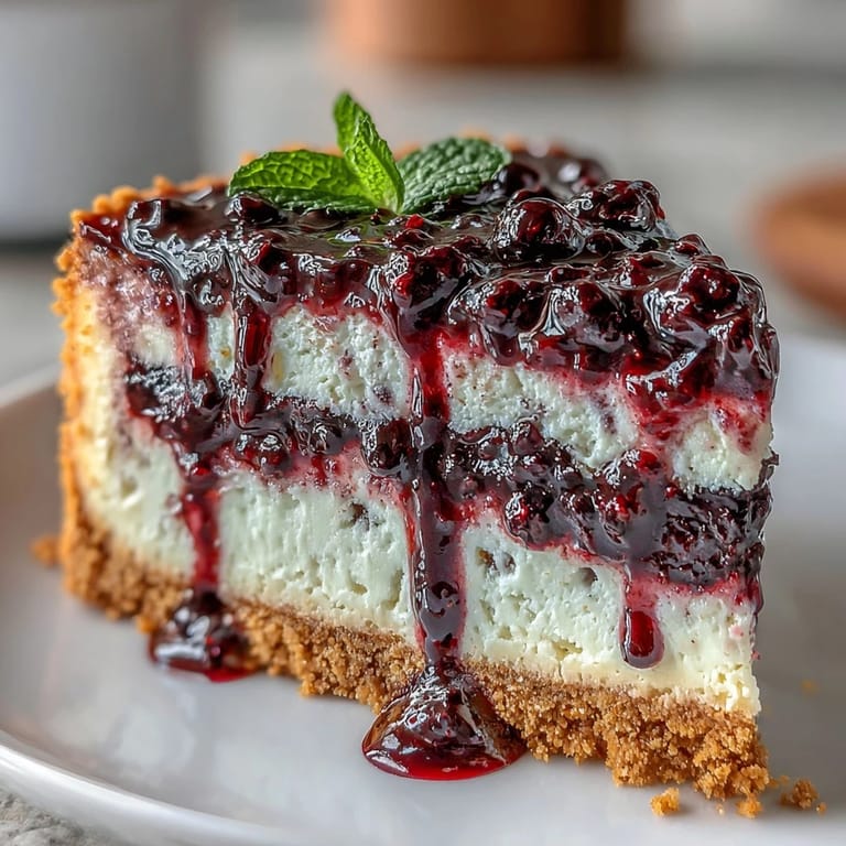Sophisticated black currant cheesecake with a smooth texture and striking berry swirl, perfect for special celebrations.