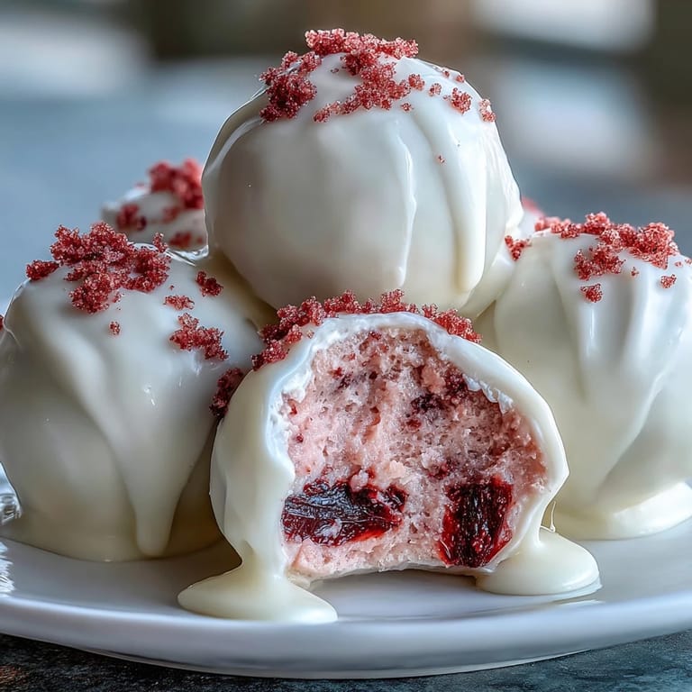 A platter of heart-shaped strawberry truffles with white chocolate coating, perfect for sharing with your sweetheart on Valentine's Day.