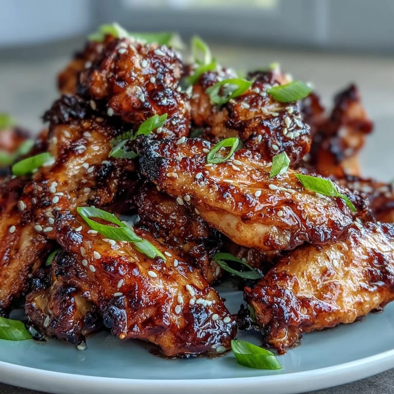 Golden-brown air fryer wings tossed in a sweet and spicy honey garlic glaze, topped with fresh scallions and sesame.