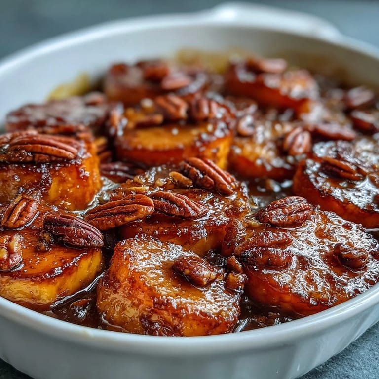 Tender yams baked in a luscious bourbon and brown sugar glaze, topped with chopped pecans for crunch.  
