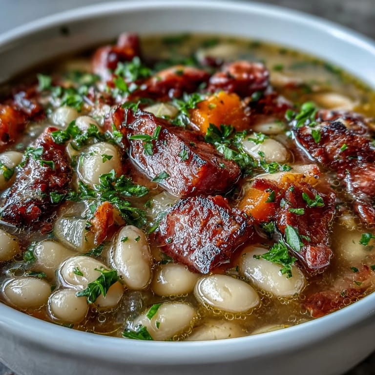 Slow-cooked Ham and Great Northern Bean Soup, bursting with tender beans, aromatic vegetables, and juicy ham for a cozy meal.