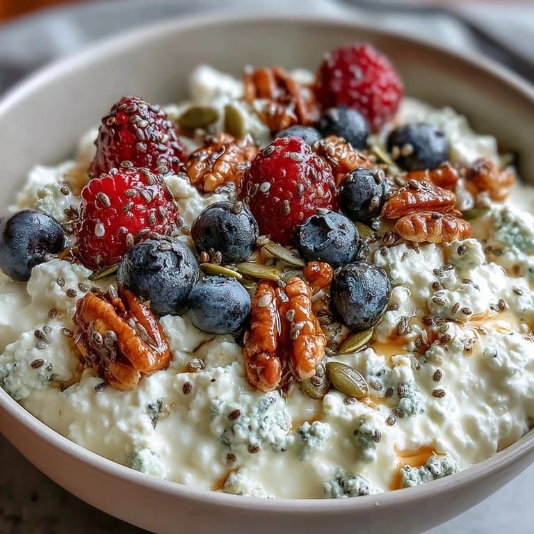 Creamy cottage cheese breakfast bowl bursting with juicy berries and a sprinkle of nutrient-packed chia, flax, and pumpkin seeds.  