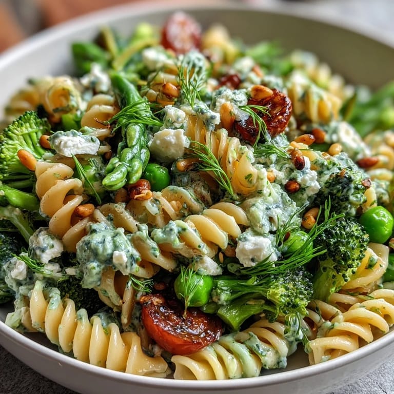 Fresh Spring Garden Pasta Salad with Broccoli and Peas, featuring colorful vegetables and a bright lemon-dill dressing, perfect for picnics.  