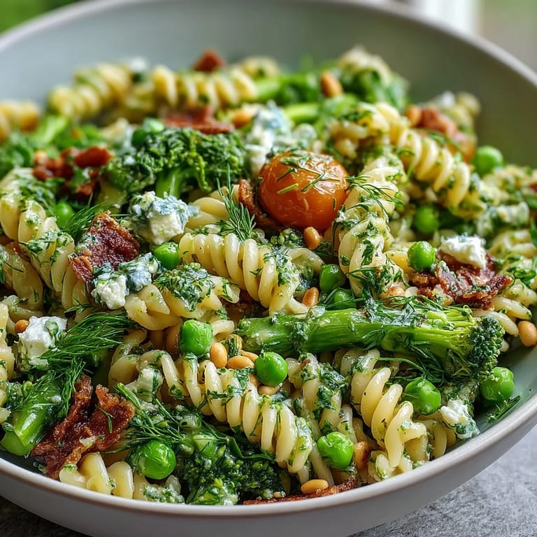 Vibrant Spring Garden Pasta Salad with Broccoli and Peas, showcasing tender pasta, crisp veggies, and a zesty lemon-herb dressing.