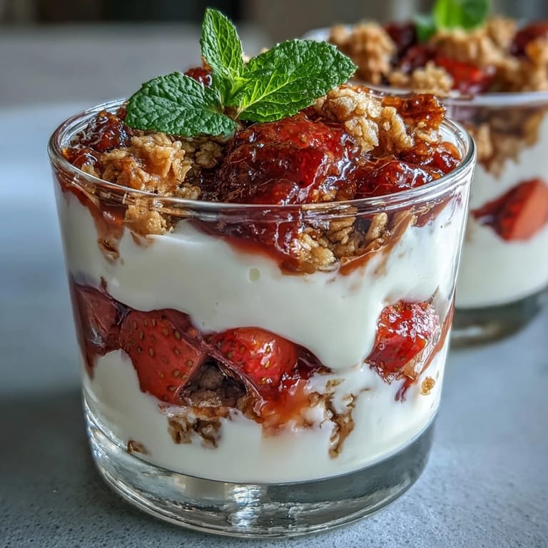 Layered strawberry yogurt parfaits in shot glasses featuring creamy Greek yogurt, sweet strawberries, and crisp granola for a delightful bite-sized treat.