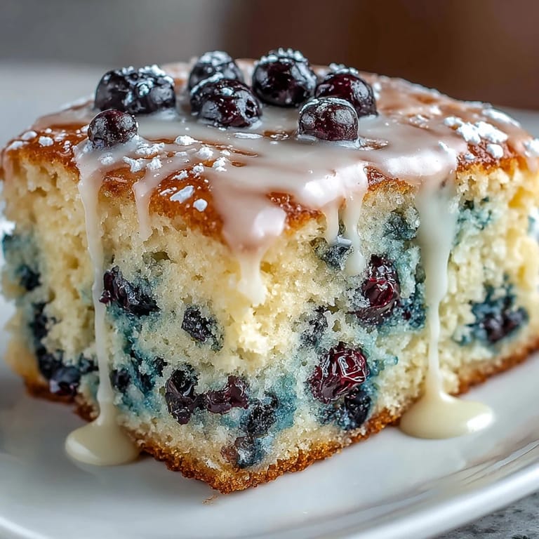 Moist lemon-blueberry sheet cake bursting with juicy berries, drizzled with a delicate citrus glaze for a refreshing dessert.