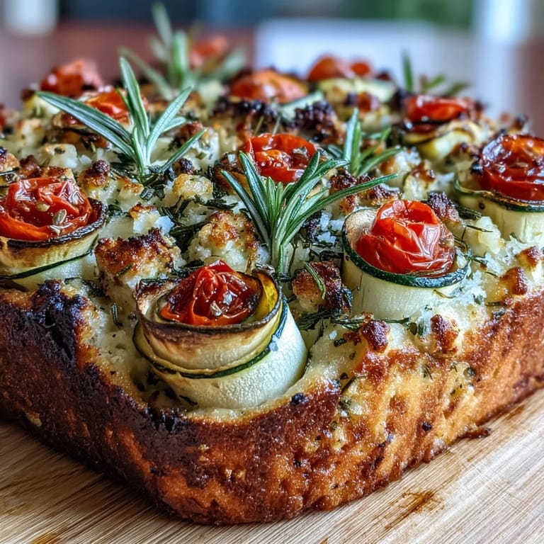 Artful herb focaccia topped with bell pepper rings, cherry tomatoes, and carrot ribbons arranged in stunning floral designs.
