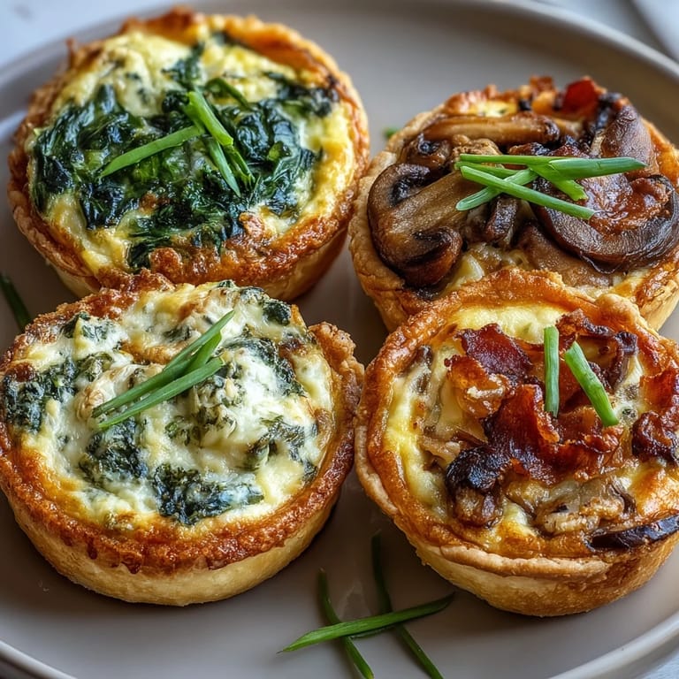 Three bite-sized quiches—spinach with feta, mushroom with Gruyère, ham with Swiss—arranged on a serving platter.  