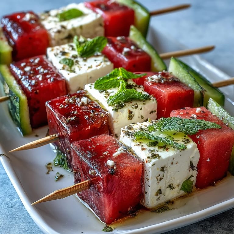 Refreshing watermelon feta skewers drizzled with olive oil and balsamic glaze, garnished with mint for a vibrant Mediterranean appetizer.