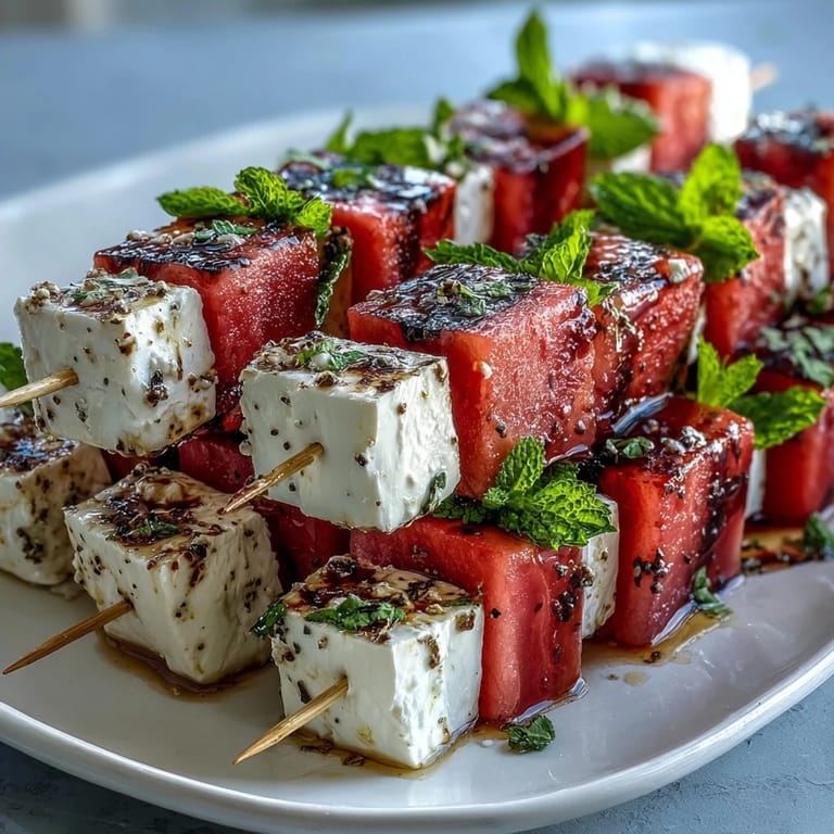 Juicy watermelon and tangy feta cheese threaded on skewers with mint, offering a sweet-savory combination for easy entertaining.