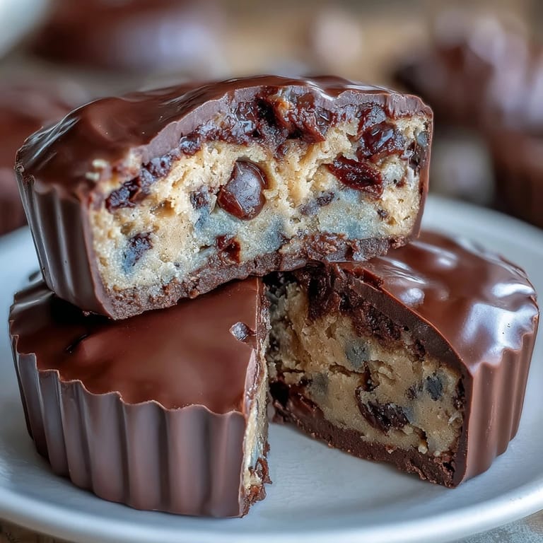 Rich peanut butter cups layered with edible cookie dough, offering a delightful fusion of two classic dessert favorites in every bite.