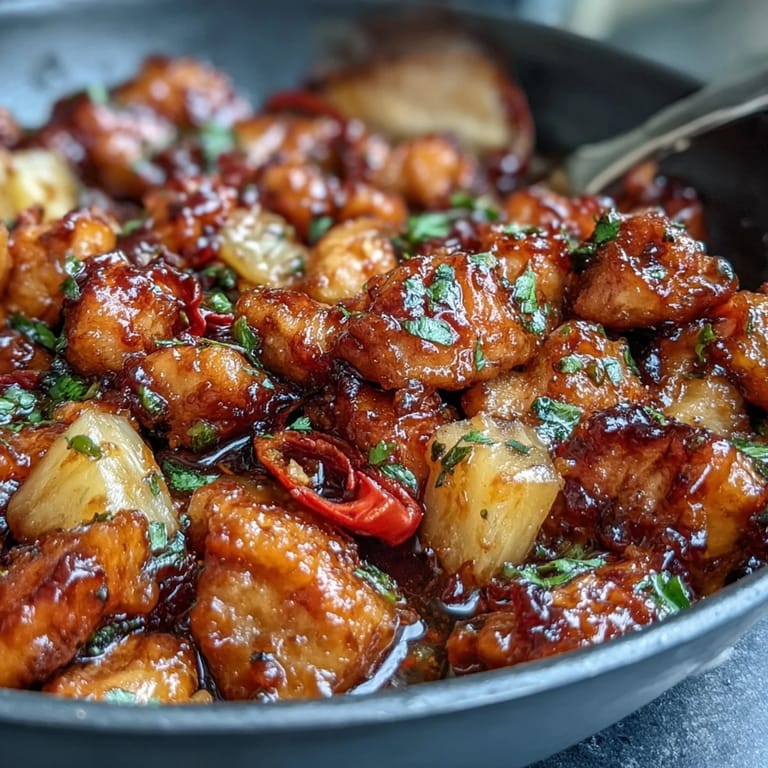 Golden-brown chicken and crisp bell peppers stir-fried with pineapple in a savory-sweet sauce, perfect for a quick family dinner.