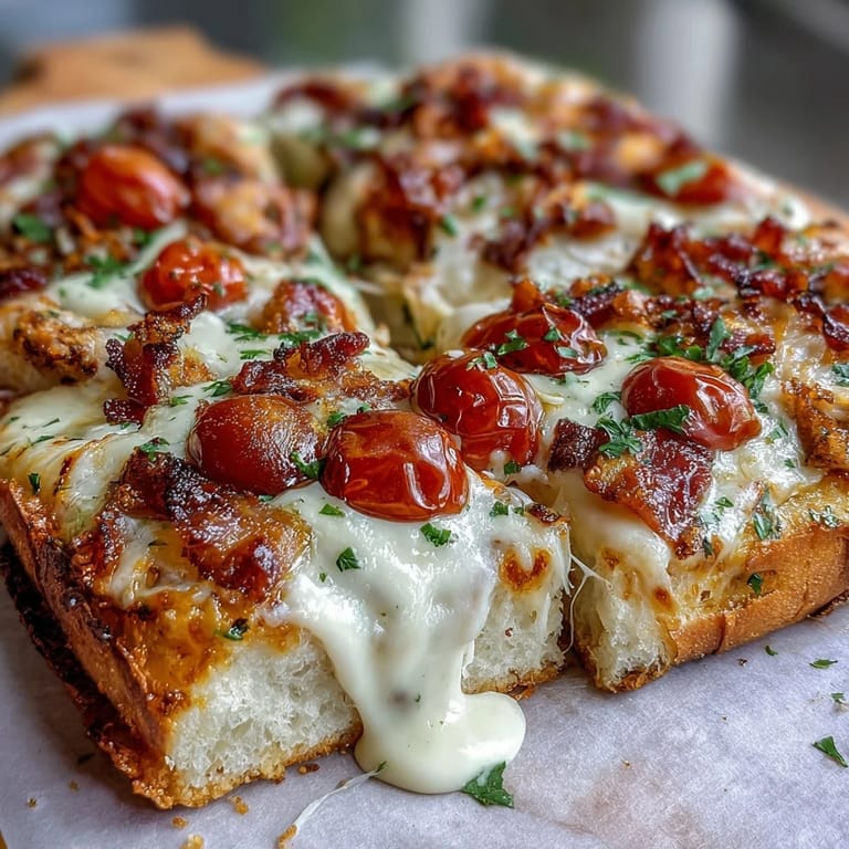 Savory Kentucky Hot Brown flatbread pizza loaded with turkey, bacon, tomatoes, and melty cheese on a crispy golden crust.