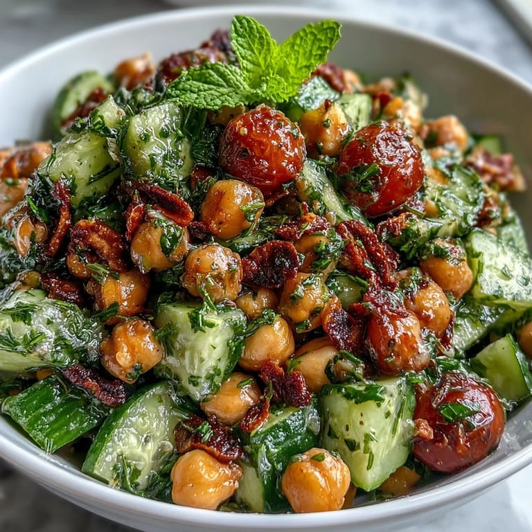 Colorful Mediterranean cucumber chickpea salad with cherry tomatoes, red onion, and parsley, drizzled with zesty lemon vinaigrette for a refreshing vegan dish.