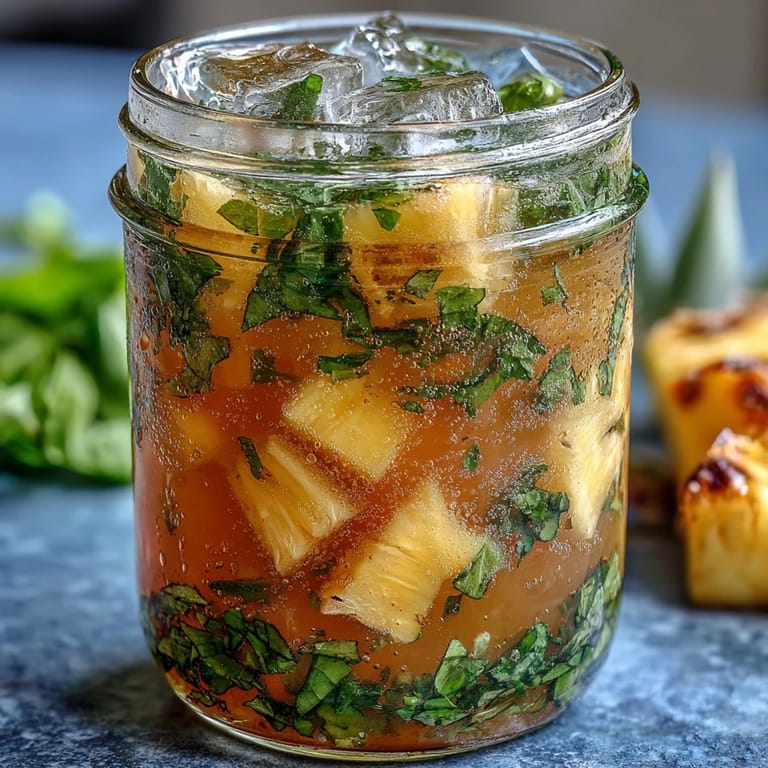 Vibrant golden pineapple basil agua fresca with aromatic herbs, perfect for cooling off on a hot summer day.