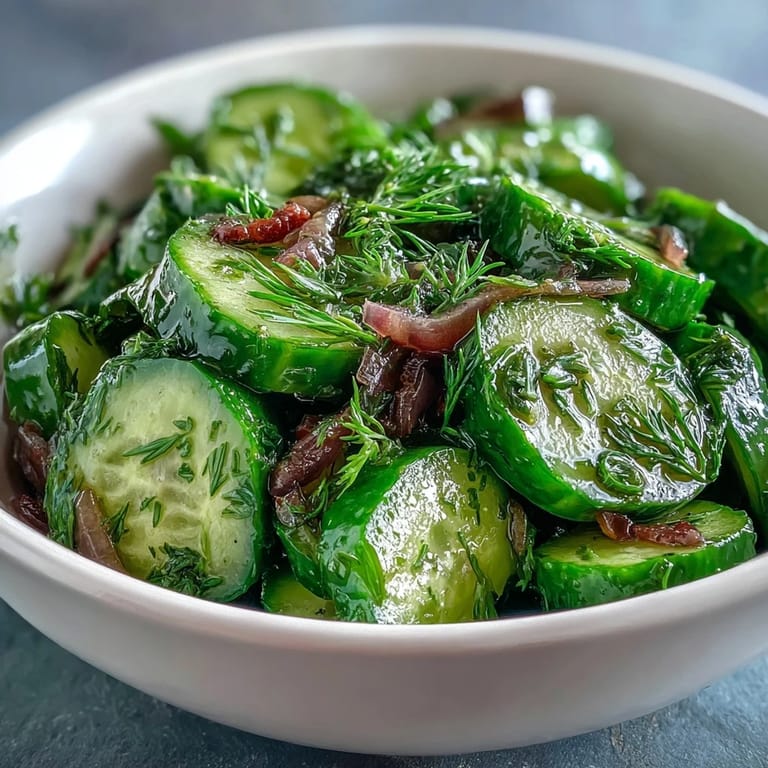 Fresh cucumber radish salad with dill vinaigrette—colorful, crunchy vegetables coated in a tangy, honey-mustard dressing.  
