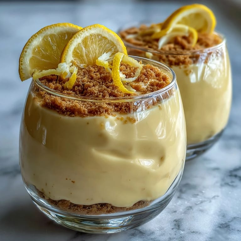 Refreshing lemon mousse layered over crisp shortbread crumble, garnished with vibrant berries and lemon zest curls.