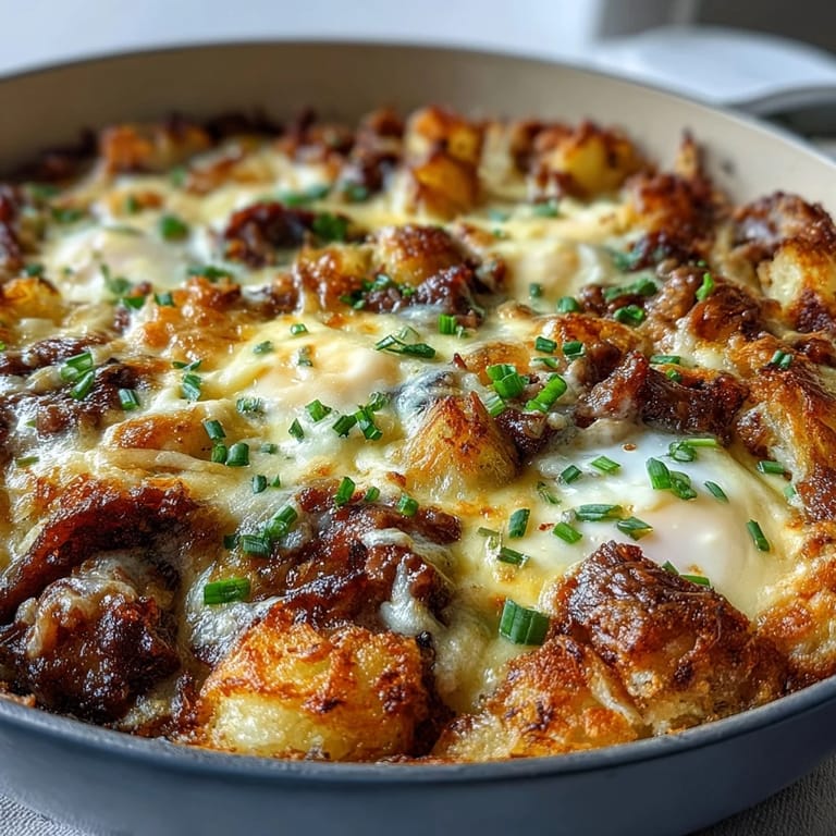 Fluffy Amish breakfast casserole loaded with eggs, sausage, and hash browns, perfect for feeding a hungry family or brunch guests.