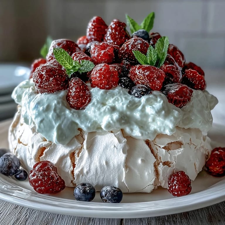 This Mothers Day Pavlova features a light, airy meringue base topped with silky whipped cream and a colorful medley of seasonal berries.