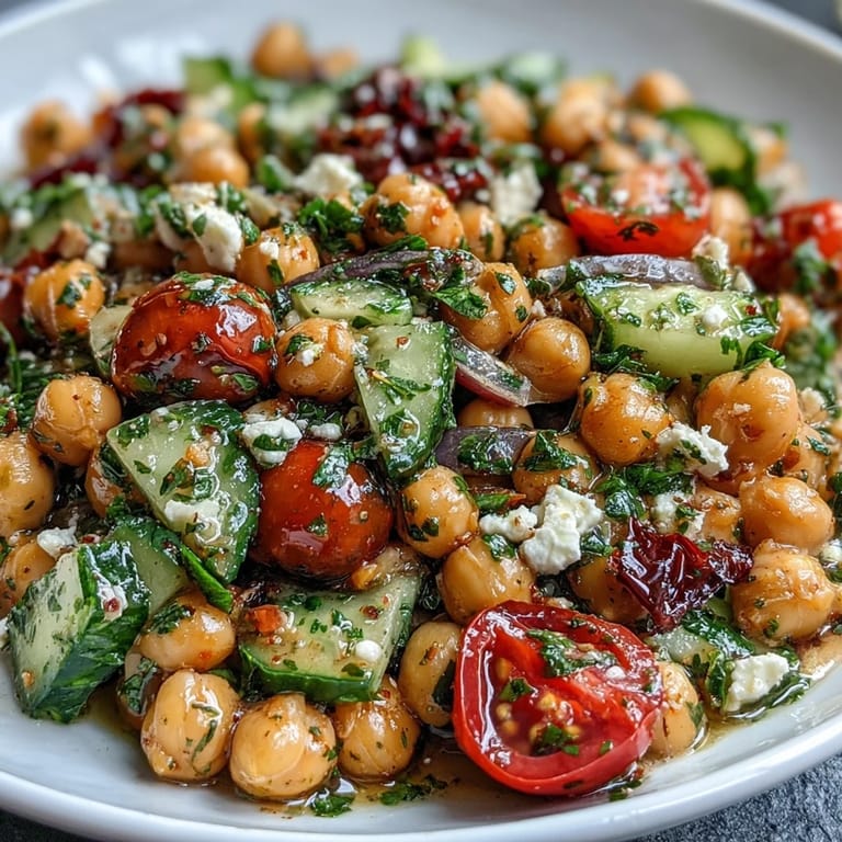 Hearty chickpea salad with bright lemon dressing and fragrant herbs, perfect for picnics.