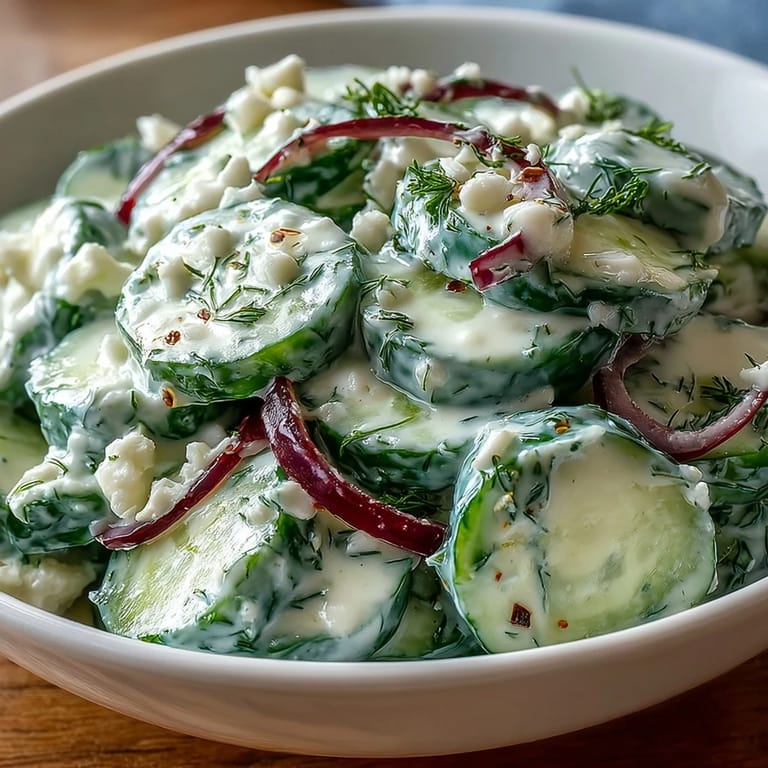 Chilled creamy cucumber dill salad with cool cucumbers and rich sour cream dressing, ideal for warm-weather gatherings or light meals.