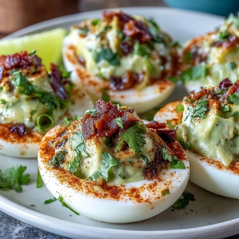 Vibrant deviled eggs featuring guacamole filling, combining creamy avocado, diced tomato, and a hint of spice.