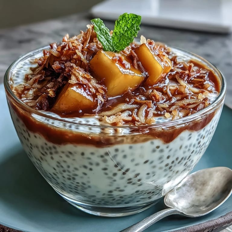 Tropical chia pudding layered with juicy mango and toasted coconut, served in a glass for an elegant dessert.