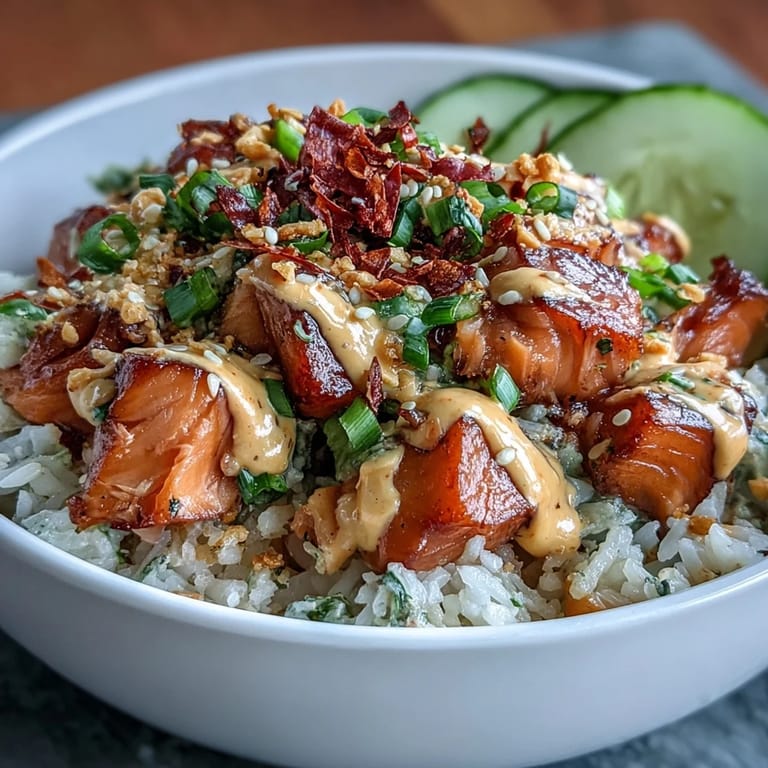 Vibrant salmon rice bowl featuring savory soy-marinated salmon, spicy mayo drizzle, and fresh cucumber slices, garnished with toasted sesame and green onion.
