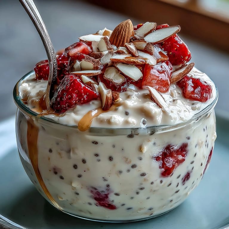 Strawberry vanilla overnight oats served in a bowl, featuring juicy strawberries and chia seeds for a wholesome breakfast.