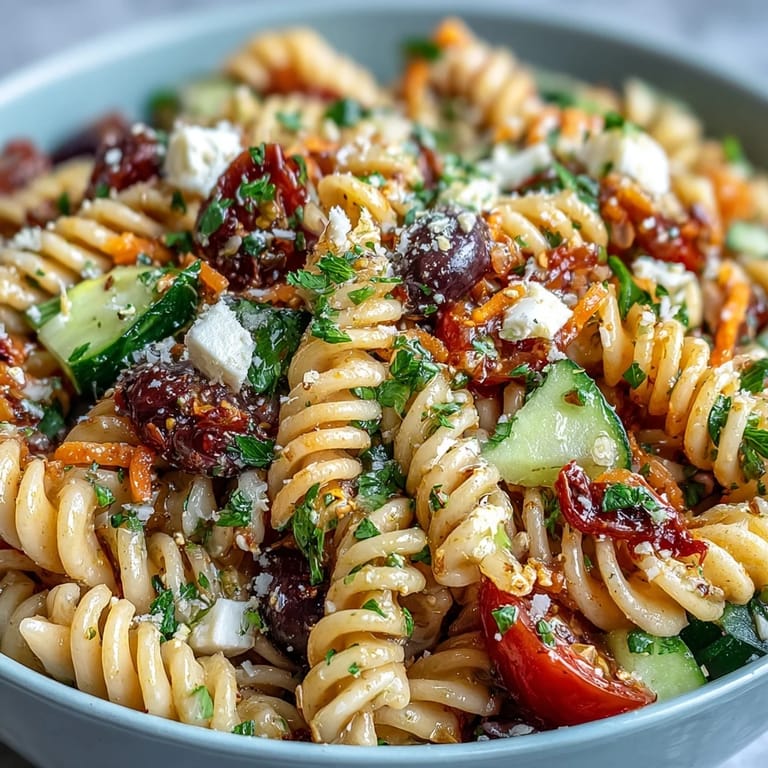 Hearty Memorial Day Pasta Salad featuring crisp vegetables and classic zesty Italian dressing.