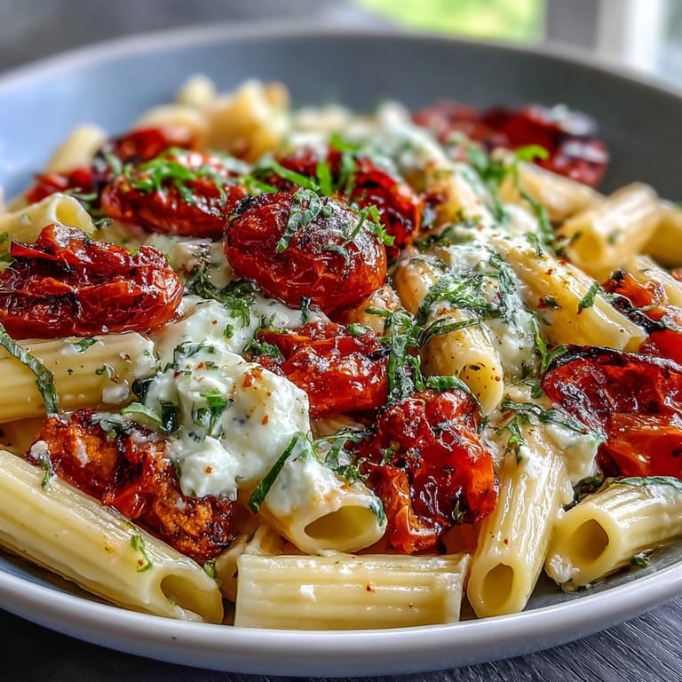 Delicious baked feta pasta with fresh basil, perfect for a cozy dinner.