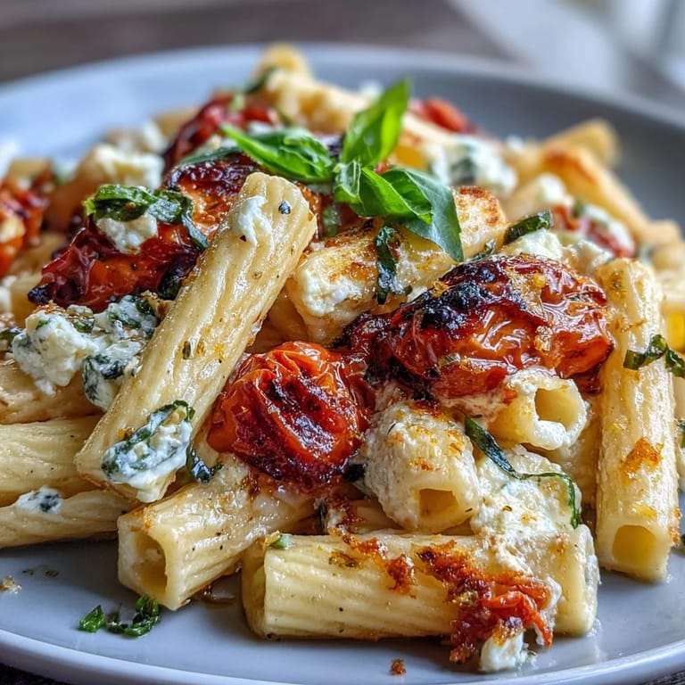 Roasted cherry tomato and feta pasta dish, a vibrant, creamy Mediterranean meal.