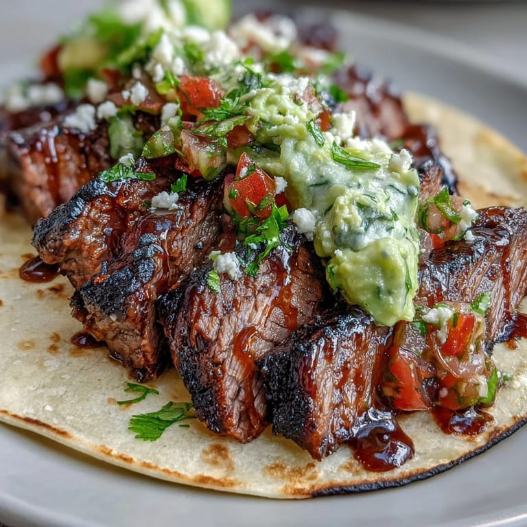 Close-up of a loaded street taco, showcasing grilled carne asada and fresh toppings.