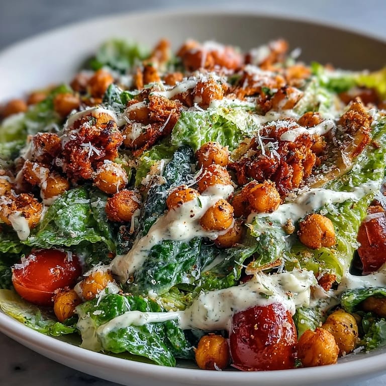 A satisfying vegan Caesar salad bowl topped with golden chickpea croutons.